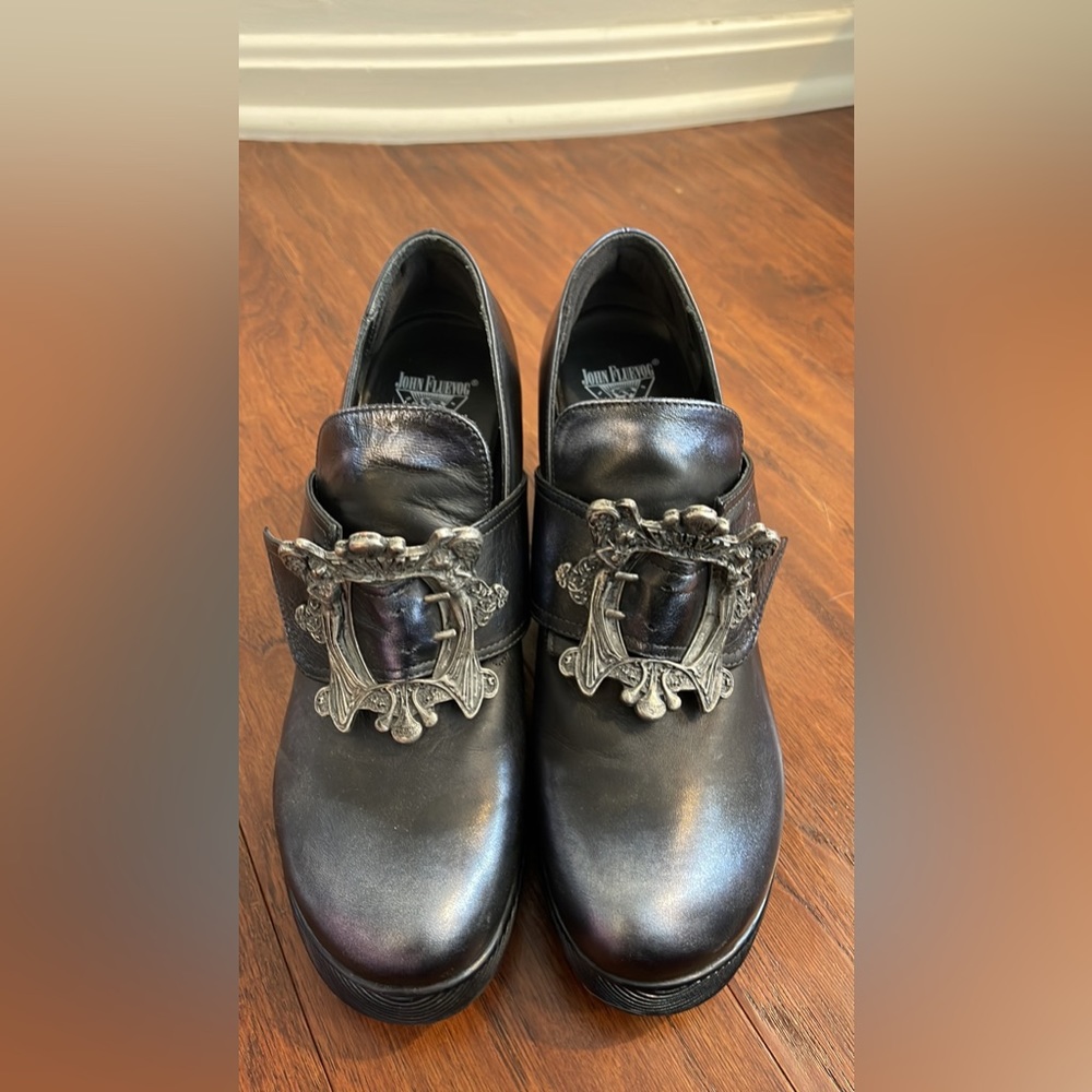 John Fluevog Mission Engle Angel Heel Blue Metallic size 9